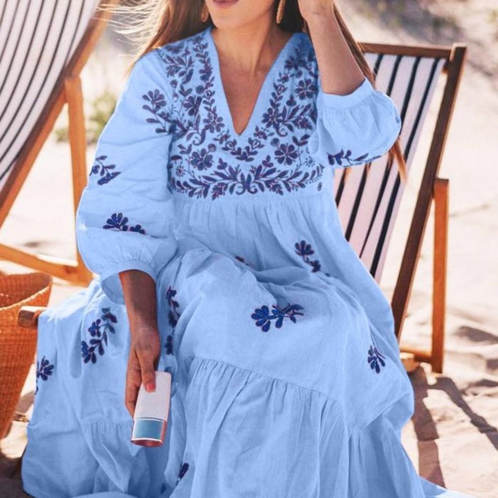 Embroidered MuuMuu Boho Tiered Dress Blue Cotton